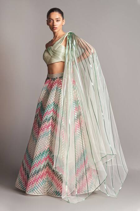 Amit Aggarwal Multi Color Tulle Asymmetric Metallic Draped Blouse And Lehenga Set Online at Aza Fashions Amit Aggarwal_Multi Color Tulle Asymmetric Metallic Draped Blouse And Lehenga Set _Online_at_Aza_Fashions