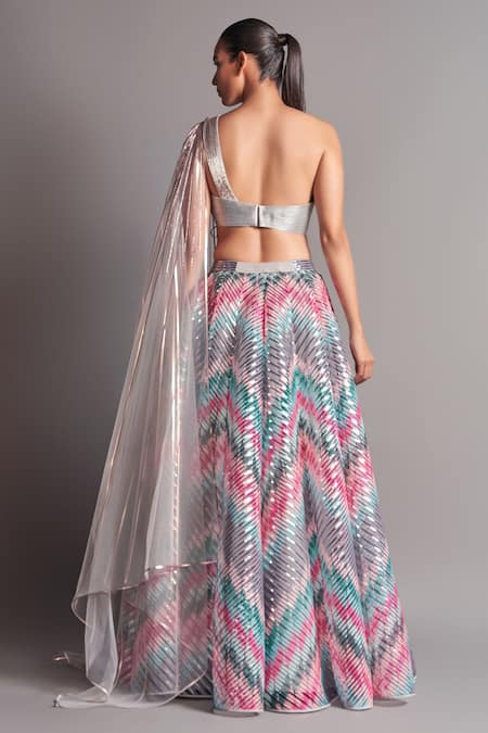 Shop Amit Aggarwal Multi Color Tulle Asymmetric Metallic Draped Blouse And Lehenga Set at Aza Fashions Shop_Amit Aggarwal_Multi Color Tulle Asymmetric Metallic Draped Blouse And Lehenga Set _at_Aza_Fashions