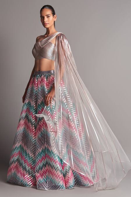 Amit Aggarwal Multi Color Tulle Asymmetric Metallic Draped Blouse And Lehenga Set Online at Aza Fashions Amit Aggarwal_Multi Color Tulle Asymmetric Metallic Draped Blouse And Lehenga Set _Online_at_Aza_Fashions