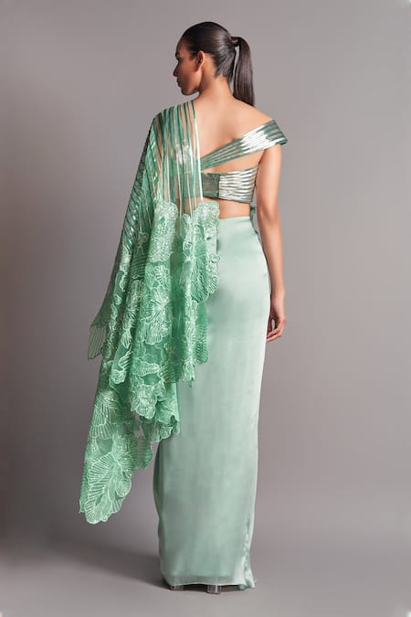 Shop Amit Aggarwal Green Tulle, Chiffon Asymmetric Metallic Pre-stitched Saree at Aza Fashions Shop_Amit Aggarwal_Green Tulle, Chiffon Asymmetric Metallic Pre-stitched Saree _at_Aza_Fashions