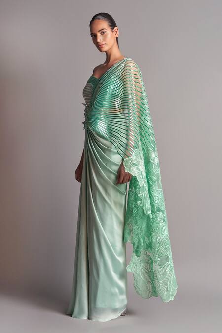 Amit Aggarwal Green Tulle, Chiffon Asymmetric Metallic Pre-stitched Saree Online at Aza Fashions Amit Aggarwal_Green Tulle, Chiffon Asymmetric Metallic Pre-stitched Saree _Online_at_Aza_Fashions