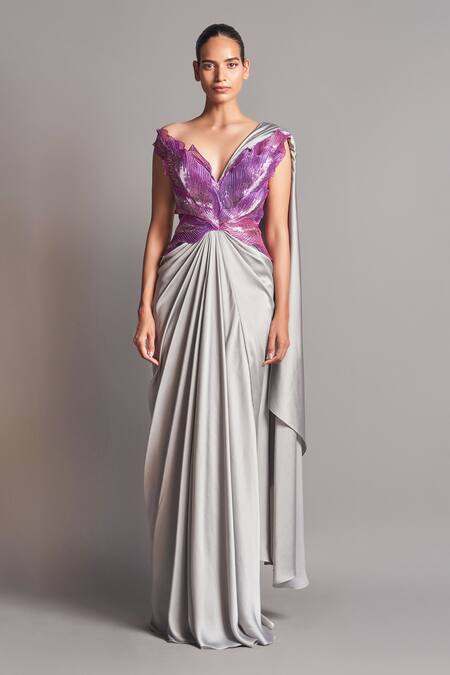Amit Aggarwal_Grey Chiffon V Neck Metallic 3d Pre-stitched Saree Gown  _Online_at_Aza_Fashions