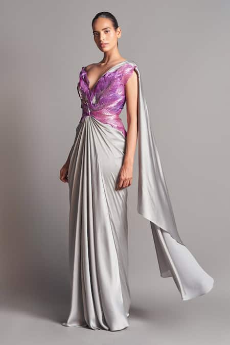 Amit Aggarwal Grey Chiffon V Neck Metallic 3d Pre-stitched Saree Gown 
