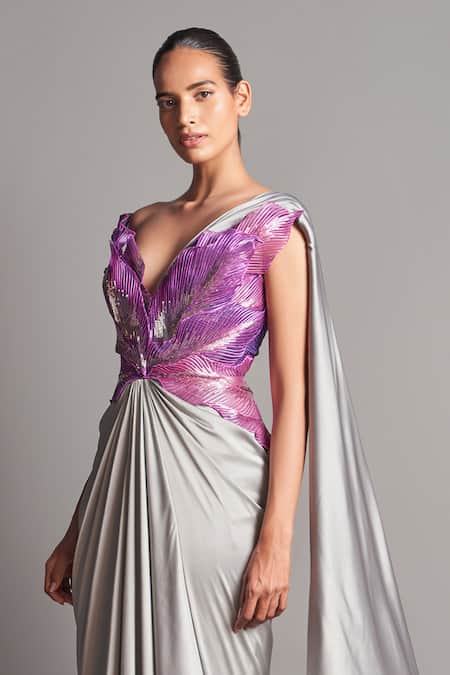 Buy_Amit Aggarwal_Grey Chiffon V Neck Metallic 3d Pre-stitched Saree Gown  _Online_at_Aza_Fashions