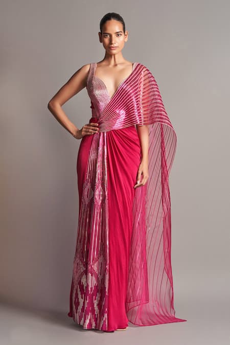 Amit Aggarwal Pink Chiffon V Neck Metallic Pre-stitched Saree Gown  