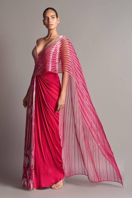 Amit Aggarwal_Pink Chiffon V Neck Metallic Pre-stitched Saree Gown _Online_at_Aza_Fashions