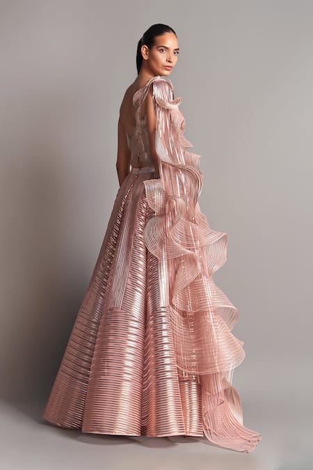 Amit Aggarwal Pink Tulle Asymmetric Metallic Ruffle Draped Blouse And Lehenga Set Online at Aza Fashions Amit Aggarwal_Pink Tulle Asymmetric Metallic Ruffle Draped Blouse And Lehenga Set _Online_at_Aza_Fashions