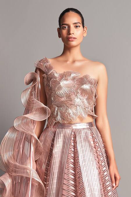 Buy Amit Aggarwal Pink Tulle Asymmetric Metallic Ruffle Draped Blouse And Lehenga Set Online at Aza Fashions Buy_Amit Aggarwal_Pink Tulle Asymmetric Metallic Ruffle Draped Blouse And Lehenga Set _Online_at_Aza_Fashions