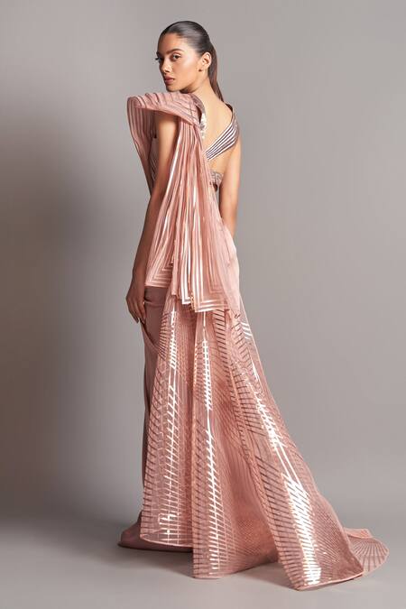 Shop_Amit Aggarwal_Pink Chiffon V Neck Pre-stitched Saree With Blouse_at_Aza_Fashions