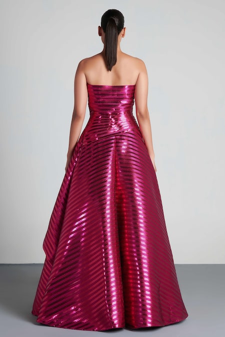 Shop Amit Aggarwal Pink Mesh Bandeau Draped Gown at Aza Fashions Shop_Amit Aggarwal_Pink Mesh Bandeau Draped Gown _at_Aza_Fashions