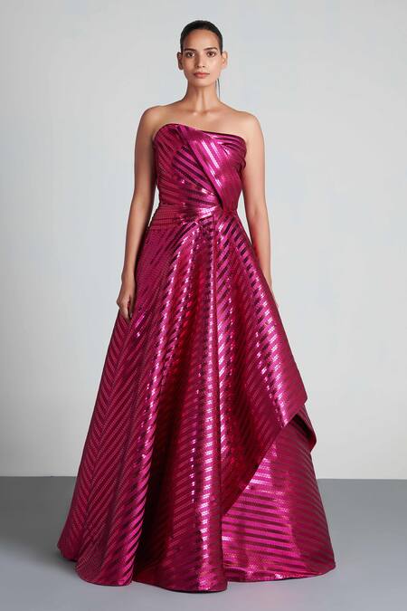 Amit Aggarwal Pink Mesh Bandeau Draped Gown Online at Aza Fashions Amit Aggarwal_Pink Mesh Bandeau Draped Gown _Online_at_Aza_Fashions
