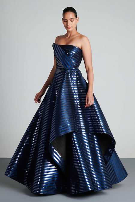 Amit Aggarwal Blue Mesh Bandeau Draped Gown