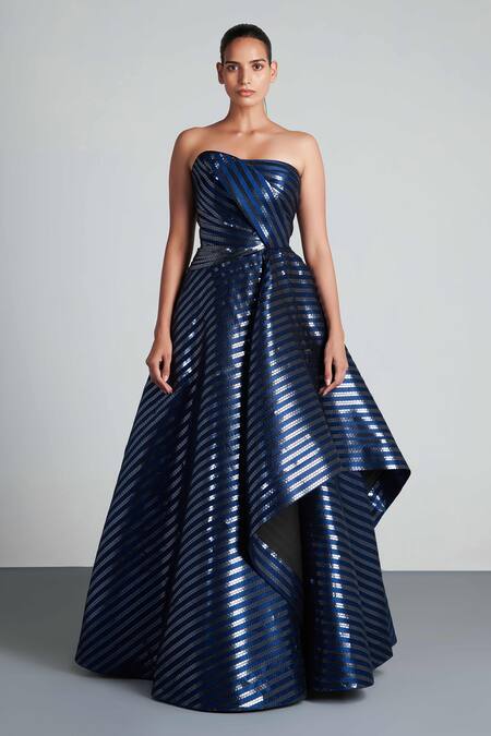 Amit Aggarwal Blue Mesh Bandeau Draped Gown Online at Aza Fashions Amit Aggarwal_Blue Mesh Bandeau Draped Gown _Online_at_Aza_Fashions