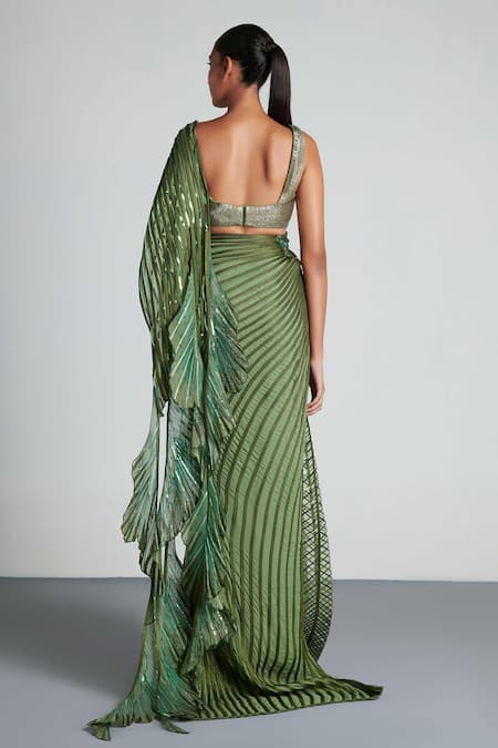 Shop_Amit Aggarwal_Green Organza, Tulle, Georgette Sweetheart Metallic Pre-draped Saree With Blouse _at_Aza_Fashions