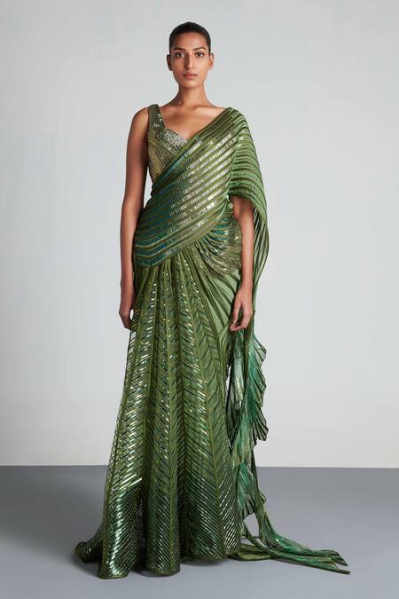 Amit Aggarwal_Green Organza, Tulle, Georgette Sweetheart Metallic Pre-draped Saree With Blouse _Online_at_Aza_Fashions
