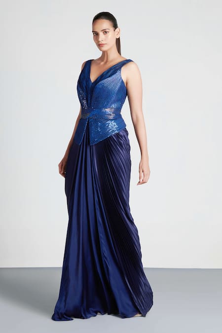 Amit Aggarwal_Blue Organza, Jersey V Neck Draped Peplum Gown _Online_at_Aza_Fashions
