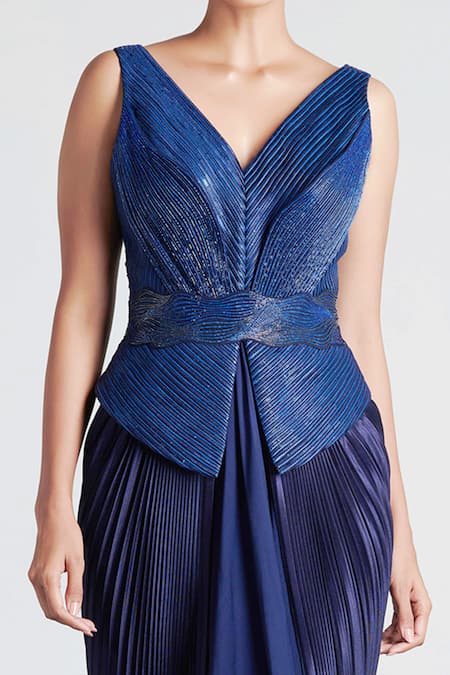 Buy_Amit Aggarwal_Blue Organza, Jersey V Neck Draped Peplum Gown _Online_at_Aza_Fashions