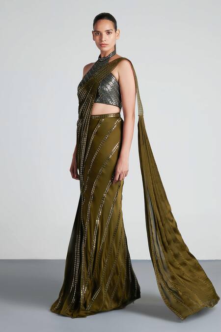 Amit Aggarwal_Green Chiffon Embroidery Halter Metallic Pre-draped Saree With Blouse _Online_at_Aza_Fashions