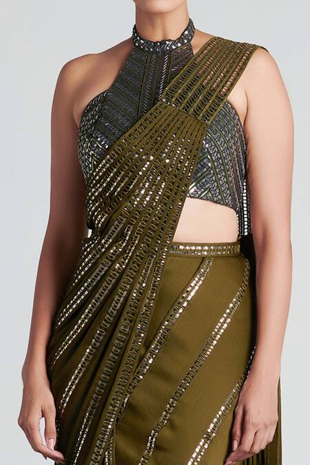 Buy_Amit Aggarwal_Green Chiffon Embroidery Halter Metallic Pre-draped Saree With Blouse _Online_at_Aza_Fashions