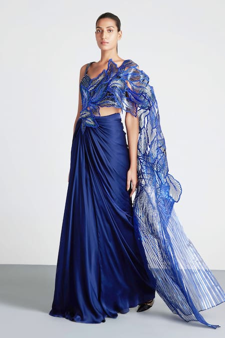 Amit Aggarwal Blue Chiffon Embroidery Metallic Pre-draped Saree With Blouse  