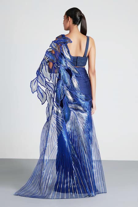 Shop_Amit Aggarwal_Blue Chiffon Sweetheart Neck Metallic Pre-draped Saree With Blouse _at_Aza_Fashions