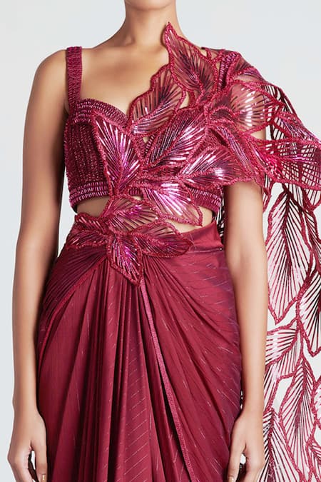 Buy Amit Aggarwal Pink Chiffon Sweetheart Neck Metallic Pre-draped Saree With Blouse Online at Aza Fashions Buy_Amit Aggarwal_Pink Chiffon Sweetheart Neck Metallic Pre-draped Saree With Blouse _Online_at_Aza_Fashions