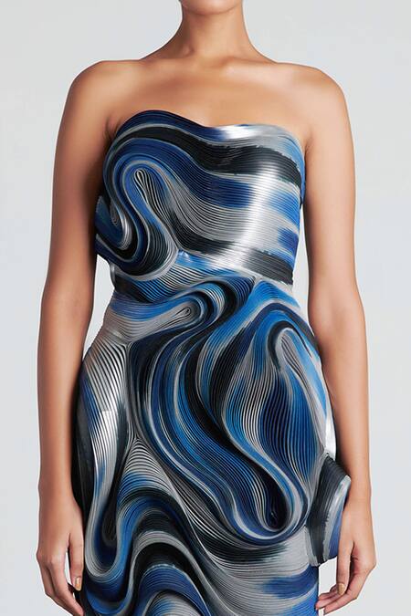 Shop Amit Aggarwal Blue Tulle Bandeau Hand Painted Dress Online at Aza Fashions Shop_Amit Aggarwal_Blue Tulle Bandeau Hand Painted Dress _Online_at_Aza_Fashions