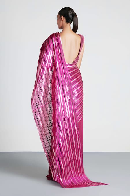 Shop_Amit Aggarwal_Pink Chiffon Embroidery V Neck Metallic Saree Gown  _at_Aza_Fashions