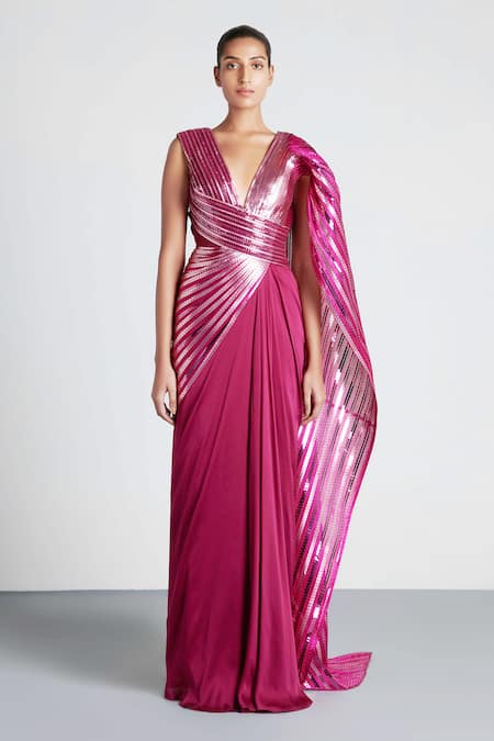 Amit Aggarwal_Pink Chiffon Embroidery V Neck Metallic Saree Gown  _Online_at_Aza_Fashions