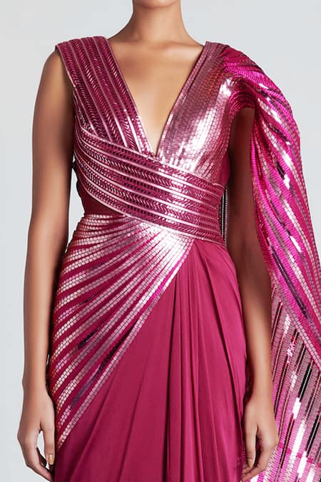 Buy_Amit Aggarwal_Pink Chiffon Embroidery V Neck Metallic Saree Gown  _Online_at_Aza_Fashions