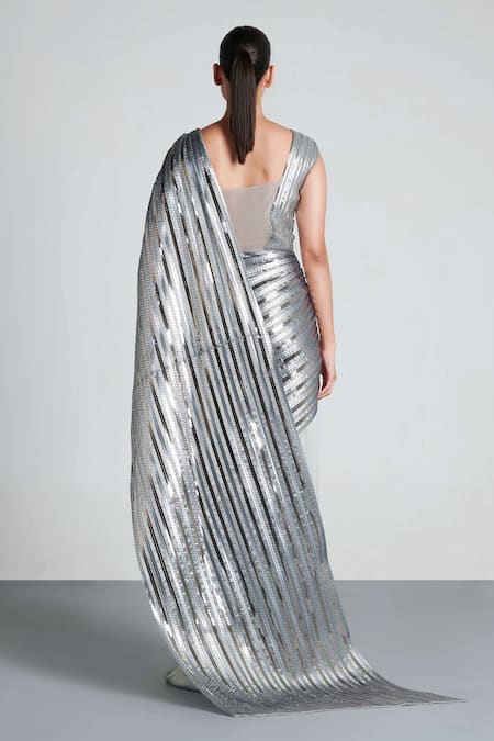 Shop_Amit Aggarwal_Grey Chiffon Embroidery V Neck Metallic Saree Gown  _at_Aza_Fashions