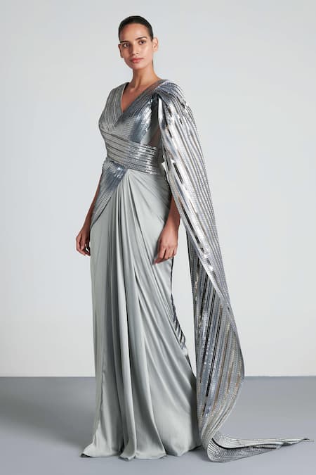 Amit Aggarwal_Grey Chiffon Embroidery V Neck Metallic Saree Gown  _Online_at_Aza_Fashions