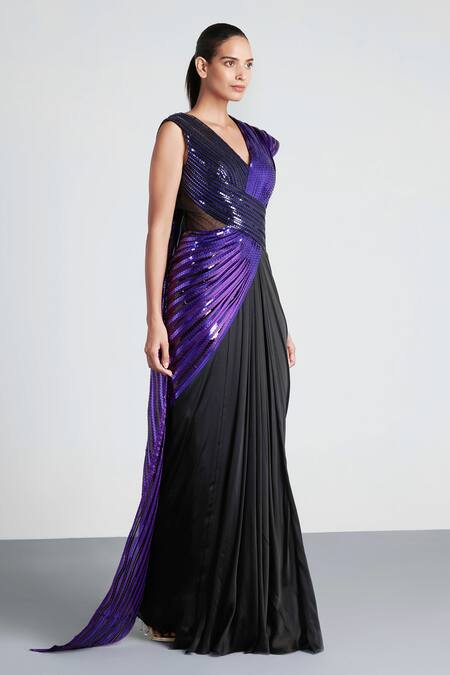 Amit Aggarwal_Black Chiffon, Mesh V Neck Metallic Saree Gown _Online_at_Aza_Fashions