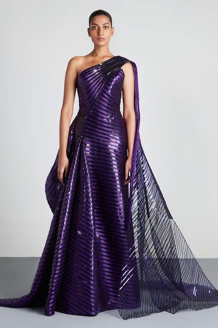 Amit Aggarwal Metallic One Shoulder Saree Gown 