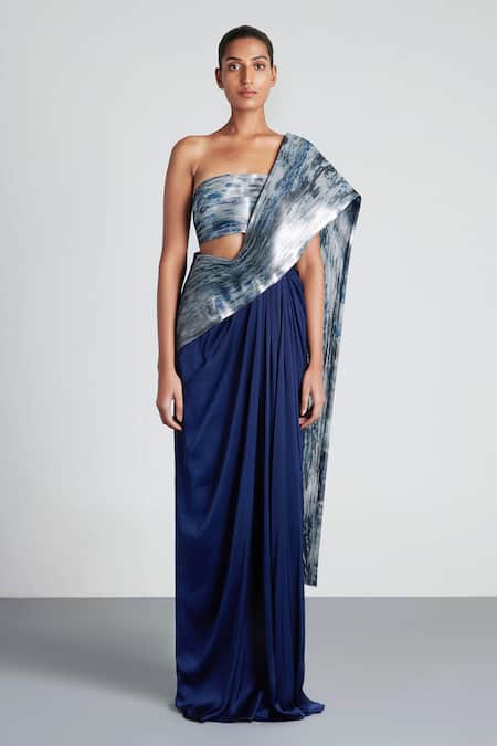 Amit Aggarwal Blue Tulle, Chiffon Bandeau Structured Pre-draped Saree With Bustier