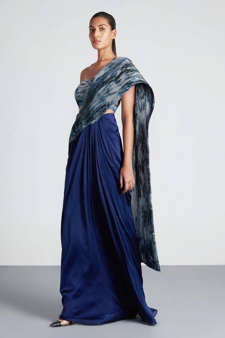 Amit Aggarwal Blue Tulle, Chiffon Bandeau Structured Pre-draped Saree With Bustier Online at Aza Fashions Amit Aggarwal_Blue Tulle, Chiffon Bandeau Structured Pre-draped Saree With Bustier_Online_at_Aza_Fashions