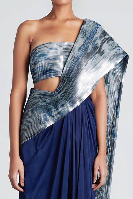 Buy Amit Aggarwal Blue Tulle, Chiffon Bandeau Structured Pre-draped Saree With Bustier Online at Aza Fashions Buy_Amit Aggarwal_Blue Tulle, Chiffon Bandeau Structured Pre-draped Saree With Bustier_Online_at_Aza_Fashions