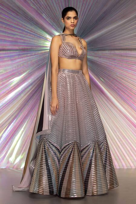Amit Aggarwal Grey Chiffon, Striped Fabric Plunge V Neck Metallic Lehenga Set Online at Aza Fashions Amit Aggarwal_Grey Chiffon, Striped Fabric Plunge V Neck Metallic Lehenga Set _Online_at_Aza_Fashions