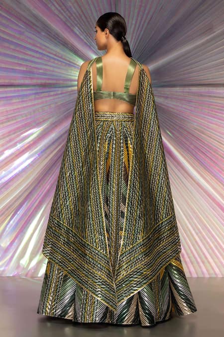 Shop Amit Aggarwal Green Striped Fabric Plunge V Neck Metallic Lehenga Set at Aza Fashions Shop_Amit Aggarwal_Green Striped Fabric Plunge V Neck Metallic Lehenga Set _at_Aza_Fashions
