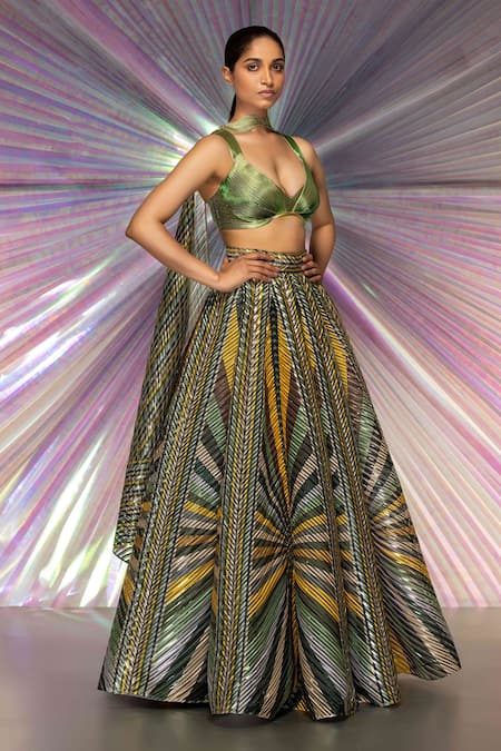 Amit Aggarwal Green Striped Fabric Plunge V Neck Metallic Lehenga Set Online at Aza Fashions Amit Aggarwal_Green Striped Fabric Plunge V Neck Metallic Lehenga Set _Online_at_Aza_Fashions