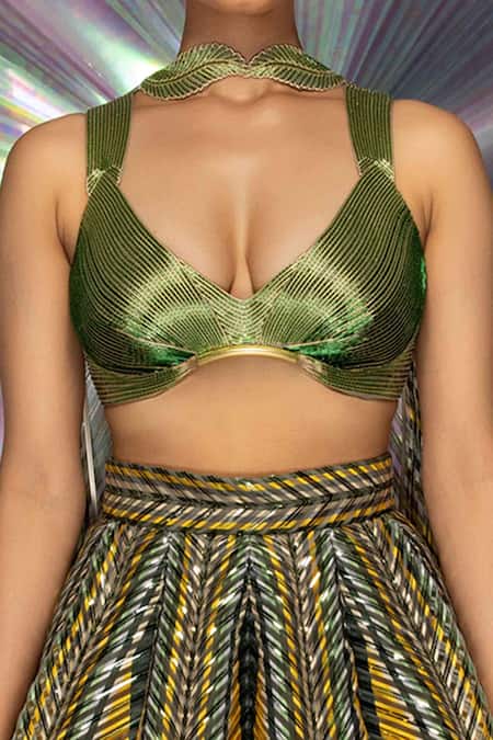 Buy Amit Aggarwal Green Striped Fabric Plunge V Neck Metallic Lehenga Set Online at Aza Fashions Buy_Amit Aggarwal_Green Striped Fabric Plunge V Neck Metallic Lehenga Set _Online_at_Aza_Fashions