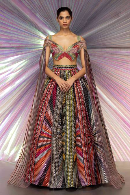 Shop_Amit Aggarwal_Multi Color Organza, Striped Fabric Metallic Lehenga And Draped Blouse Set _Online_at_Aza_Fashions