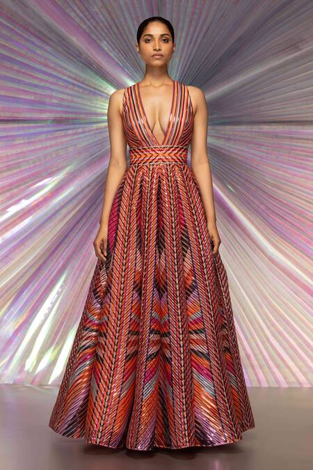 Amit Aggarwal Pink Striped Fabric Plunge V Neck Structured Gown