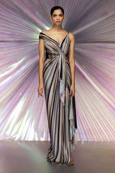 Amit Aggarwal_Grey Jersey Stripes Plunge V Neck Draped Saree Gown _Online_at_Aza_Fashions
