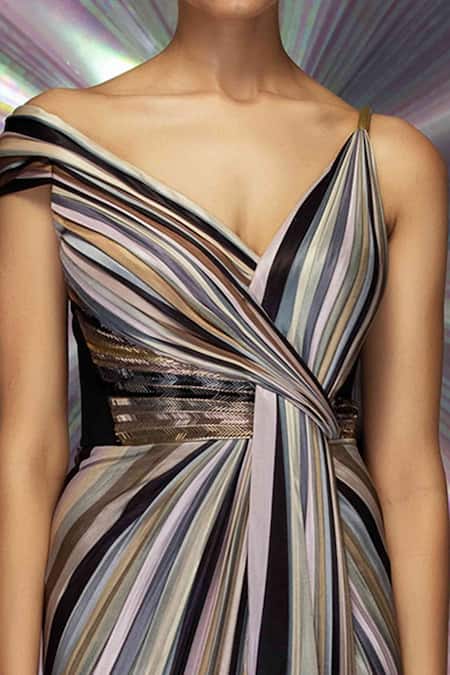 Buy_Amit Aggarwal_Grey Jersey Stripes Plunge V Neck Draped Saree Gown _Online_at_Aza_Fashions