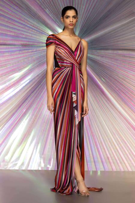 Amit Aggarwal Pink Jersey Stripes Plunge V Neck Draped Saree Gown Online at Aza Fashions Amit Aggarwal_Pink Jersey Stripes Plunge V Neck Draped Saree Gown _Online_at_Aza_Fashions