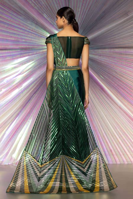 Shop Amit Aggarwal Green Organza, Chiffon, Striped Fabric Draped Saree And Moulded Blouse Set at Aza Fashions Shop_Amit Aggarwal_Green Organza, Chiffon, Striped Fabric Draped Saree And Moulded Blouse Set _at_Aza_Fashions