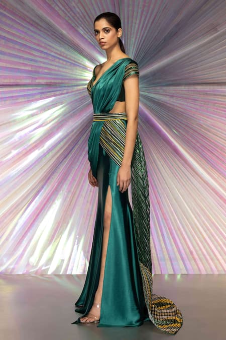Amit Aggarwal Green Organza, Chiffon, Striped Fabric Draped Saree And Moulded Blouse Set Online at Aza Fashions Amit Aggarwal_Green Organza, Chiffon, Striped Fabric Draped Saree And Moulded Blouse Set _Online_at_Aza_Fashions