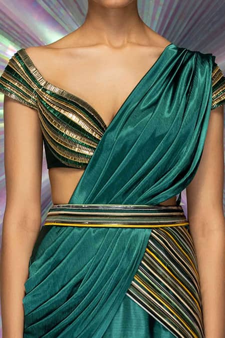 Buy Amit Aggarwal Green Organza, Chiffon, Striped Fabric Draped Saree And Moulded Blouse Set Online at Aza Fashions Buy_Amit Aggarwal_Green Organza, Chiffon, Striped Fabric Draped Saree And Moulded Blouse Set _Online_at_Aza_Fashions
