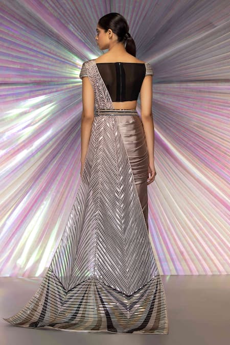 Shop Amit Aggarwal Grey Organza, Chiffon, Striped Fabric Draped Saree And Moulded Blouse Set at Aza Fashions Shop_Amit Aggarwal_Grey Organza, Chiffon, Striped Fabric Draped Saree And Moulded Blouse Set _at_Aza_Fashions